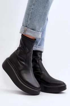 Botki Wiosenne|Botki Skórzane>Zazoo 3395 Skórzane Botki Damskie Na Masywnej Platformie Czarne