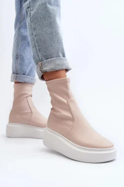 3395 Skórzane Botki Damskie Na Masywnej Platformie Beżowe Damskie Botki Wiosenne|Botki Skórzane