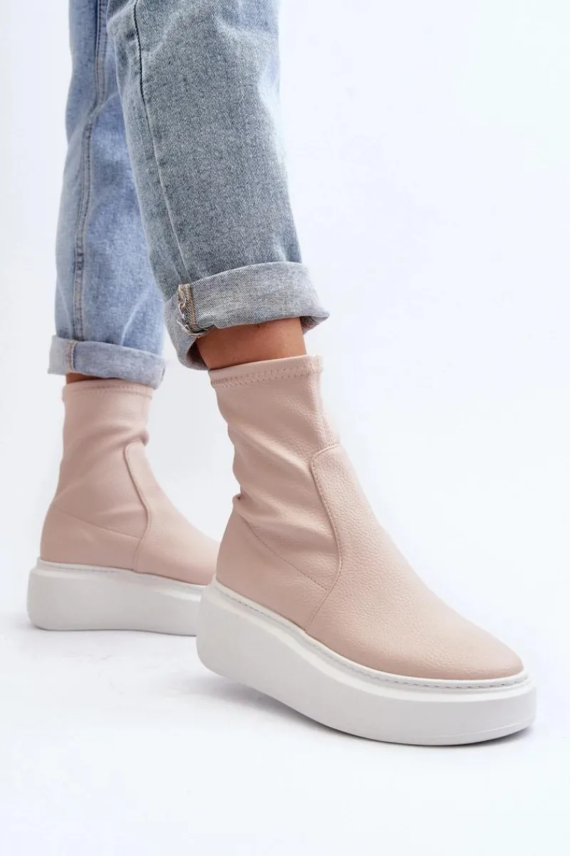 3395 Skórzane Botki Damskie Na Masywnej Platformie Beżowe Damskie Botki Wiosenne|Botki Skórzane