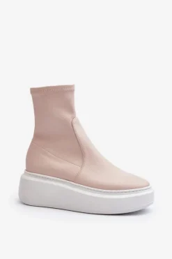 3395 Skórzane Botki Damskie Na Masywnej Platformie Beżowe Damskie Botki Wiosenne|Botki Skórzane