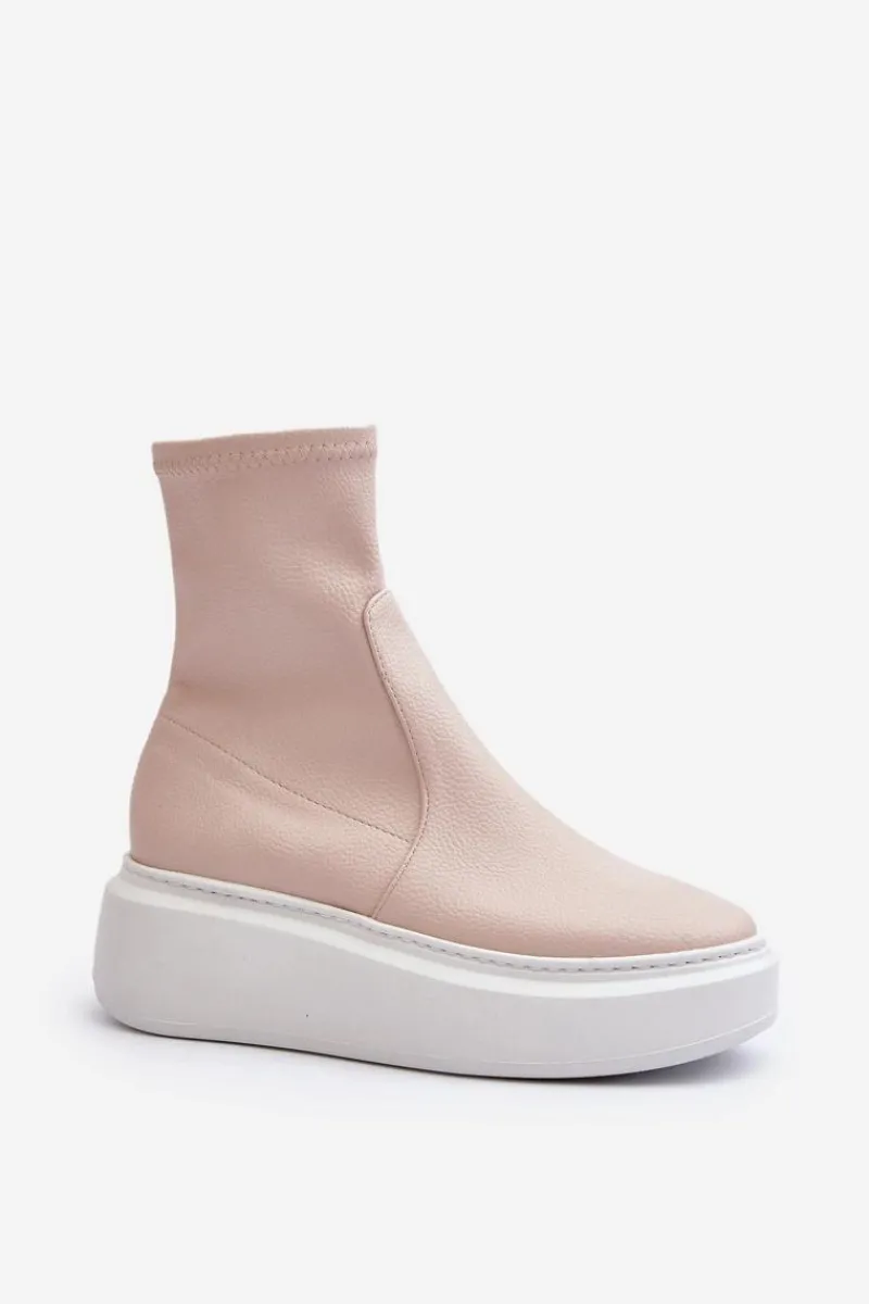 3395 Skórzane Botki Damskie Na Masywnej Platformie Beżowe Damskie Botki Wiosenne|Botki Skórzane