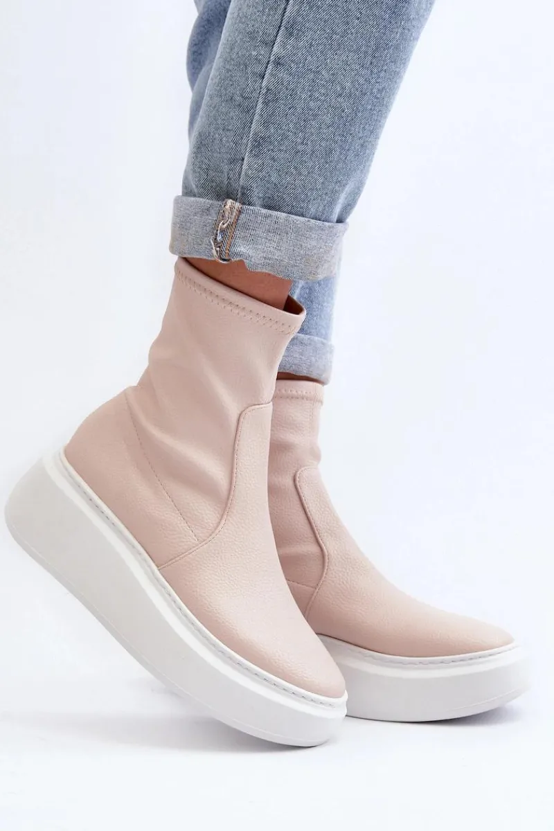 3395 Skórzane Botki Damskie Na Masywnej Platformie Beżowe Damskie Botki Wiosenne|Botki Skórzane