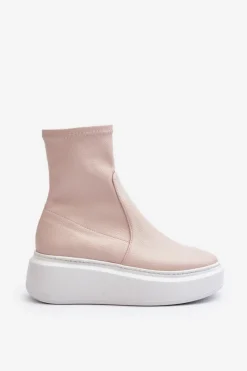 3395 Skórzane Botki Damskie Na Masywnej Platformie Beżowe Damskie Botki Wiosenne|Botki Skórzane