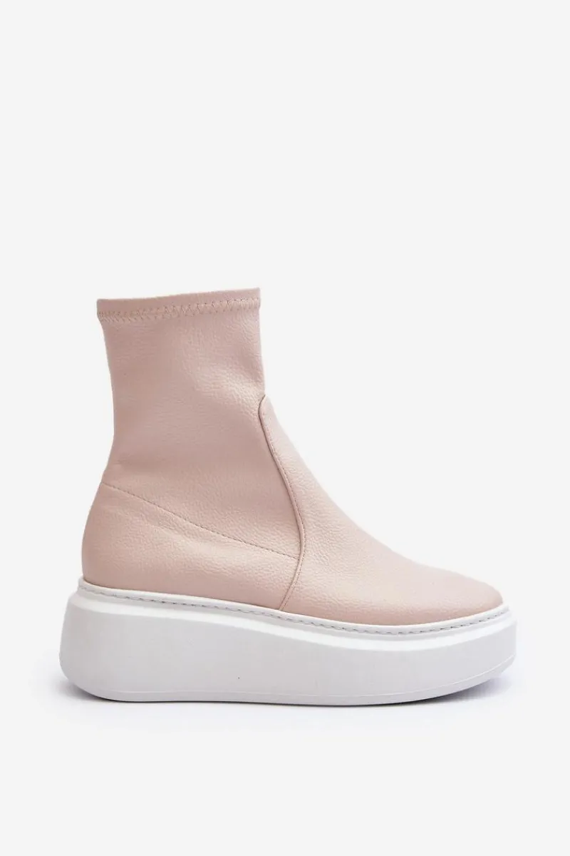 3395 Skórzane Botki Damskie Na Masywnej Platformie Beżowe Damskie Botki Wiosenne|Botki Skórzane