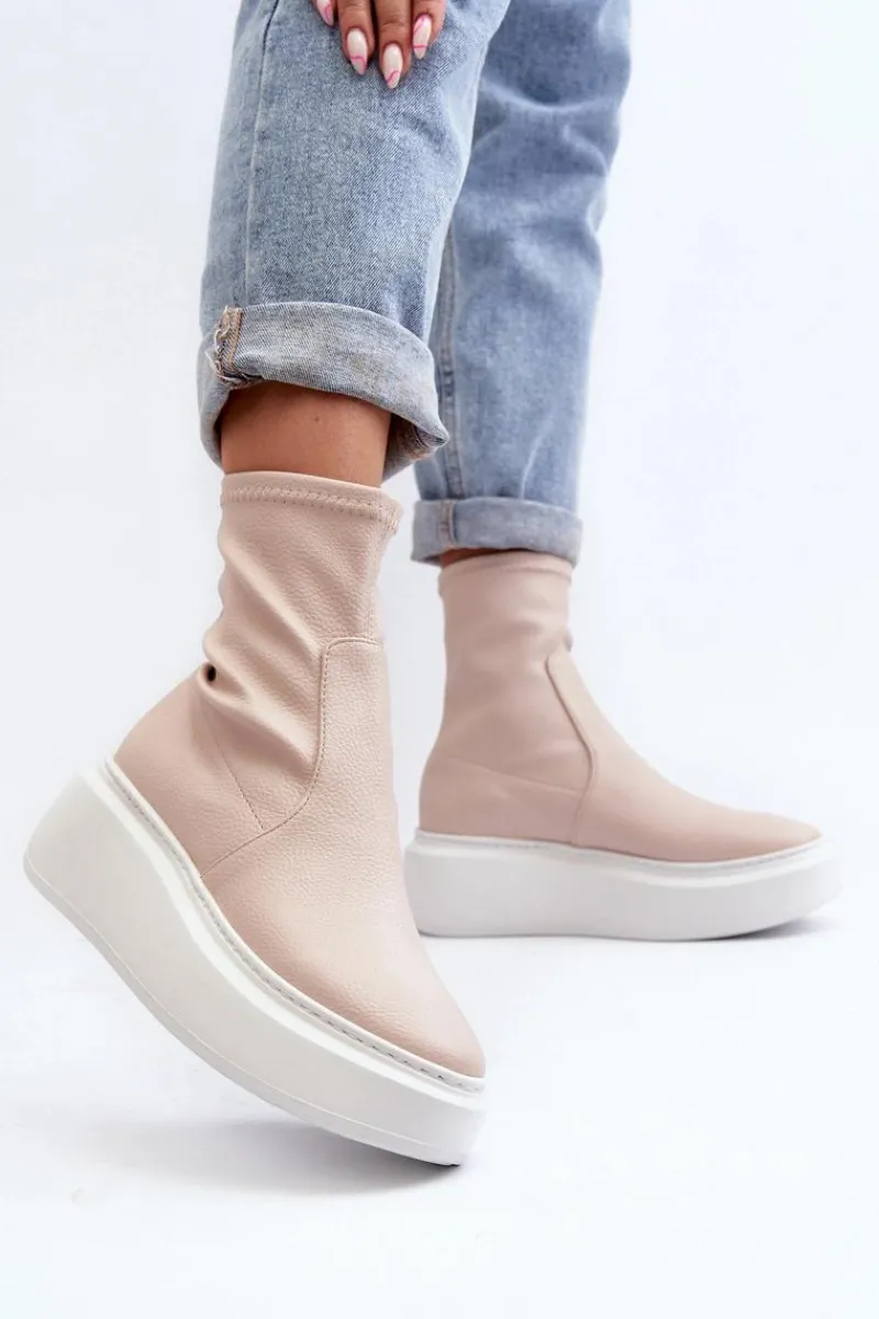 3395 Skórzane Botki Damskie Na Masywnej Platformie Beżowe Damskie Botki Wiosenne|Botki Skórzane