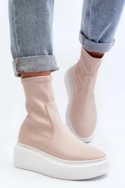 3395 Skórzane Botki Damskie Na Masywnej Platformie Beżowe Damskie Botki Wiosenne|Botki Skórzane