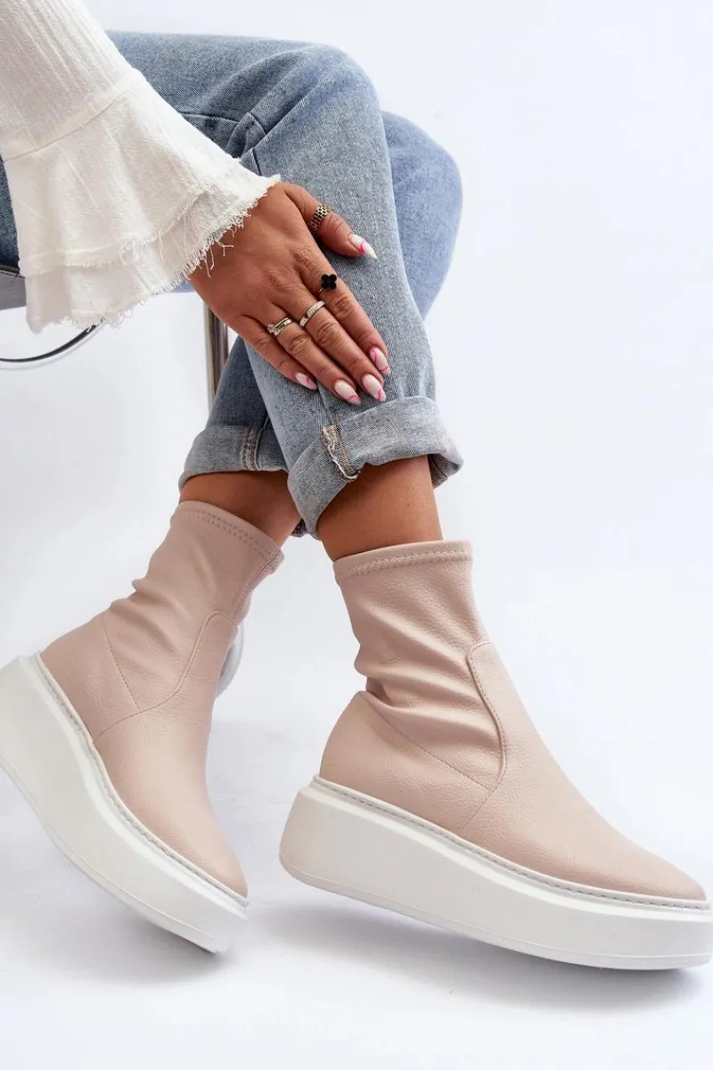 3395 Skórzane Botki Damskie Na Masywnej Platformie Beżowe Damskie Botki Wiosenne|Botki Skórzane