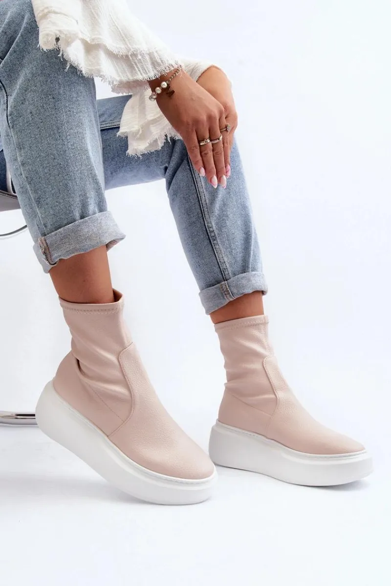 3395 Skórzane Botki Damskie Na Masywnej Platformie Beżowe Damskie Botki Wiosenne|Botki Skórzane