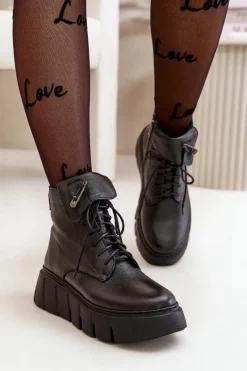 Hot Zazoo 60511 Skórzane Botki Damskie Na Platformie Ocieplane Czarne