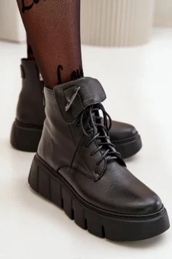 Hot Zazoo 60511 Skórzane Botki Damskie Na Platformie Ocieplane Czarne