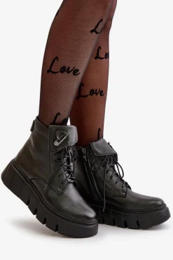 Hot Zazoo 60511 Skórzane Botki Damskie Na Platformie Ocieplane Czarne