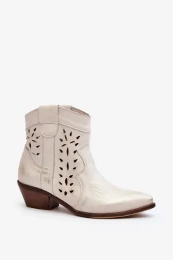 Clearance Zazoo 2870 Skórzane Botki Na Niskim Obcasie Ażurowe Srebrne Srebrny