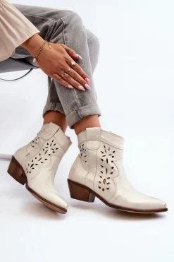 Clearance Zazoo 2870 Skórzane Botki Na Niskim Obcasie Ażurowe Srebrne Srebrny