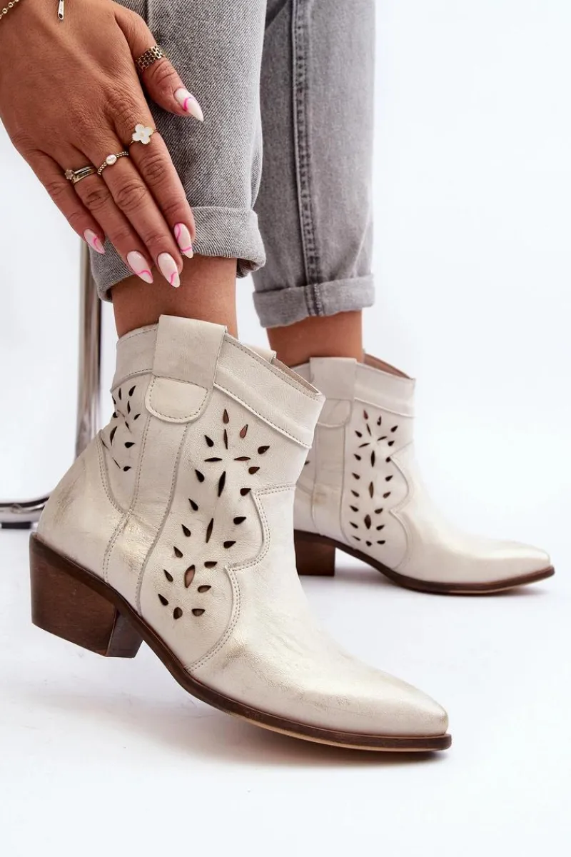 Clearance Zazoo 2870 Skórzane Botki Na Niskim Obcasie Ażurowe Srebrne Srebrny