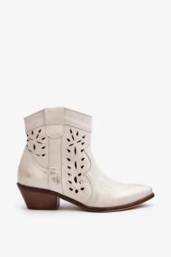 Clearance Zazoo 2870 Skórzane Botki Na Niskim Obcasie Ażurowe Srebrne Srebrny