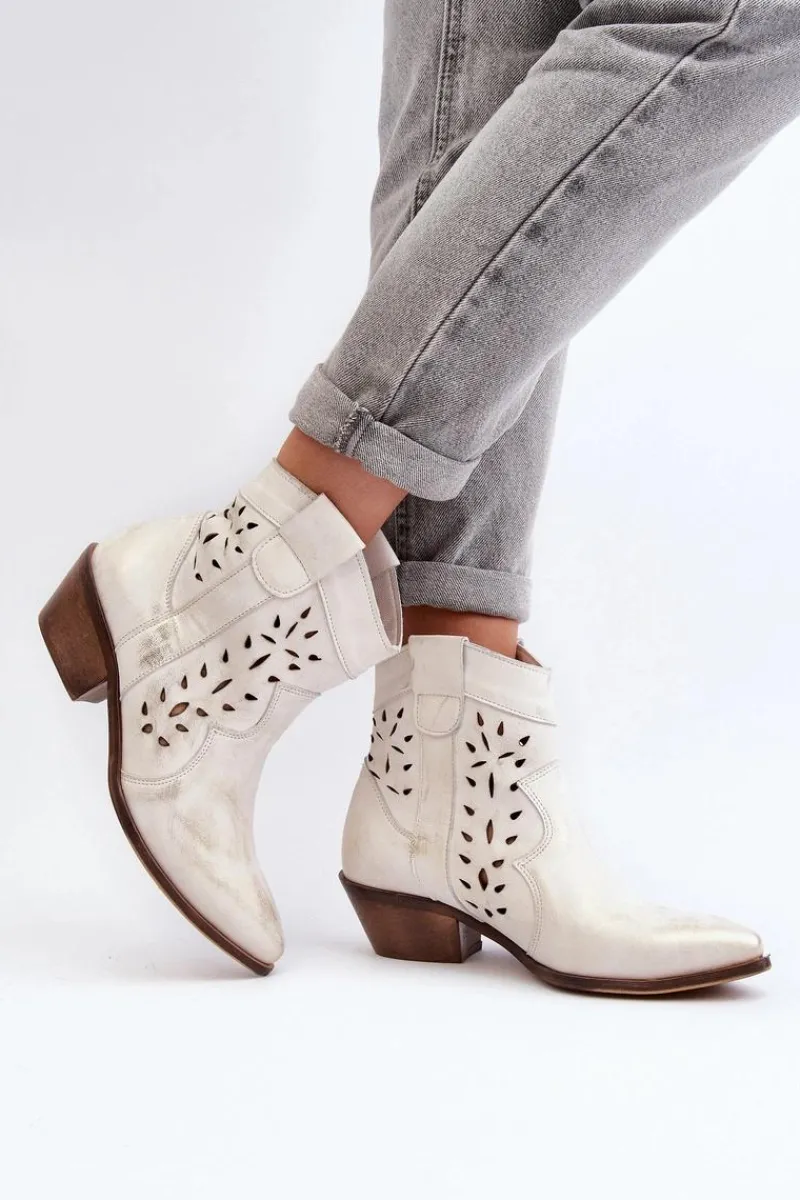 Clearance Zazoo 2870 Skórzane Botki Na Niskim Obcasie Ażurowe Srebrne Srebrny