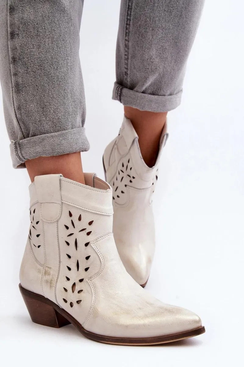 Clearance Zazoo 2870 Skórzane Botki Na Niskim Obcasie Ażurowe Srebrne Srebrny