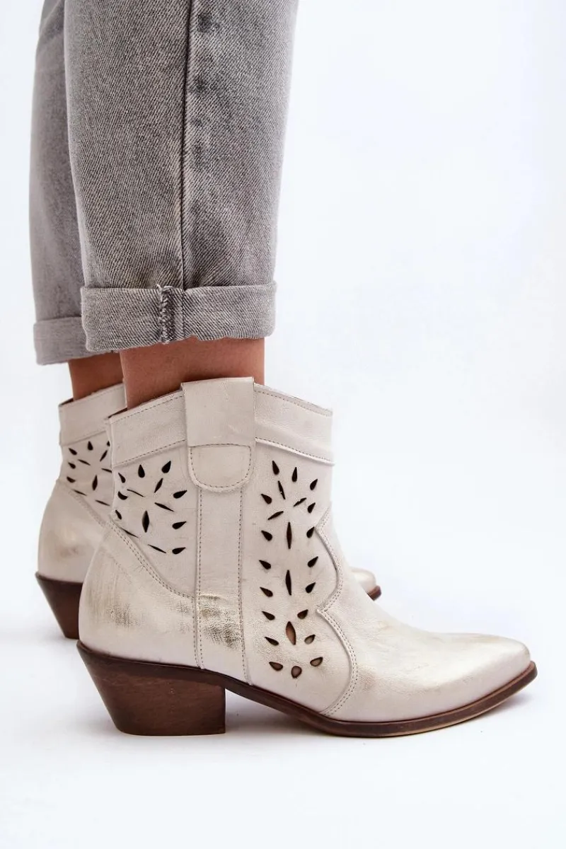 Clearance Zazoo 2870 Skórzane Botki Na Niskim Obcasie Ażurowe Srebrne Srebrny