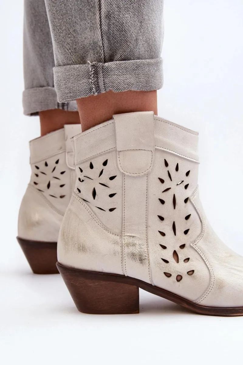 Clearance Zazoo 2870 Skórzane Botki Na Niskim Obcasie Ażurowe Srebrne Srebrny