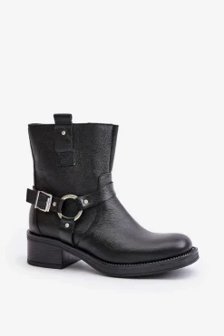 Best Zazoo 60480 Skórzane Botki Na Niskim Obcasie Ocieplane Czarne Czarny