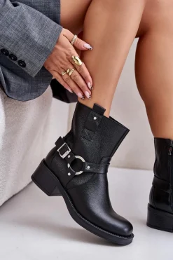 Best Zazoo 60480 Skórzane Botki Na Niskim Obcasie Ocieplane Czarne Czarny