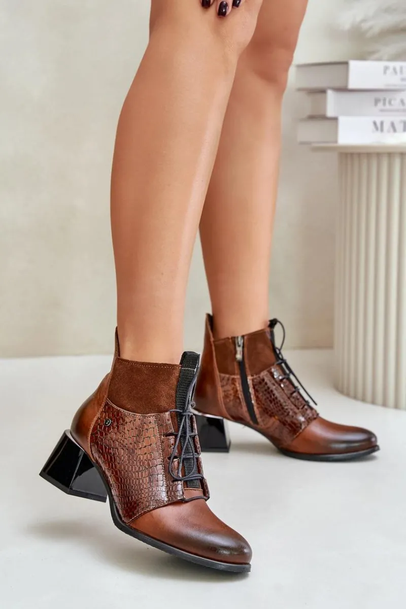 Best Zazoo 60503 Skórzane Botki Na Obcasie Ocieplane Brązowe Brązowy