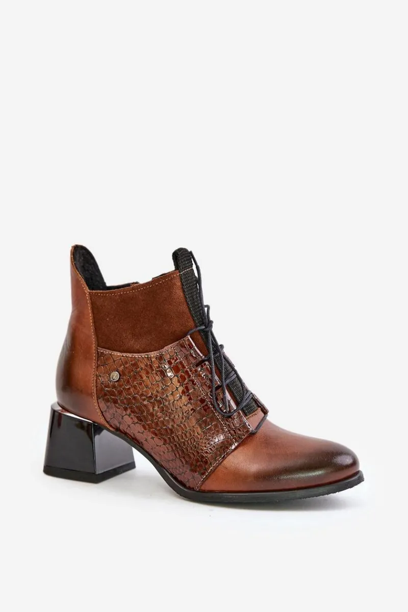 Best Zazoo 60503 Skórzane Botki Na Obcasie Ocieplane Brązowe Brązowy