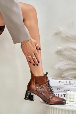 Best Zazoo 60503 Skórzane Botki Na Obcasie Ocieplane Brązowe Brązowy