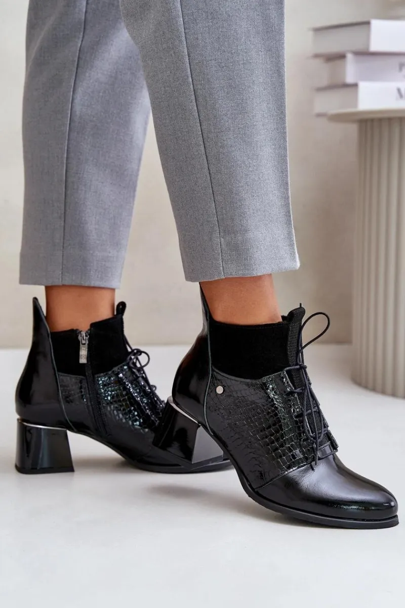 New 60503 Skórzane Botki Na Obcasie Ocieplane Czarne Damskie Botki Wiosenne|Botki Ocieplane