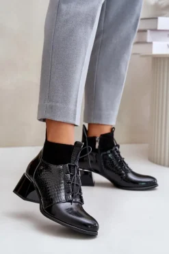 New 60503 Skórzane Botki Na Obcasie Ocieplane Czarne Damskie Botki Wiosenne|Botki Ocieplane