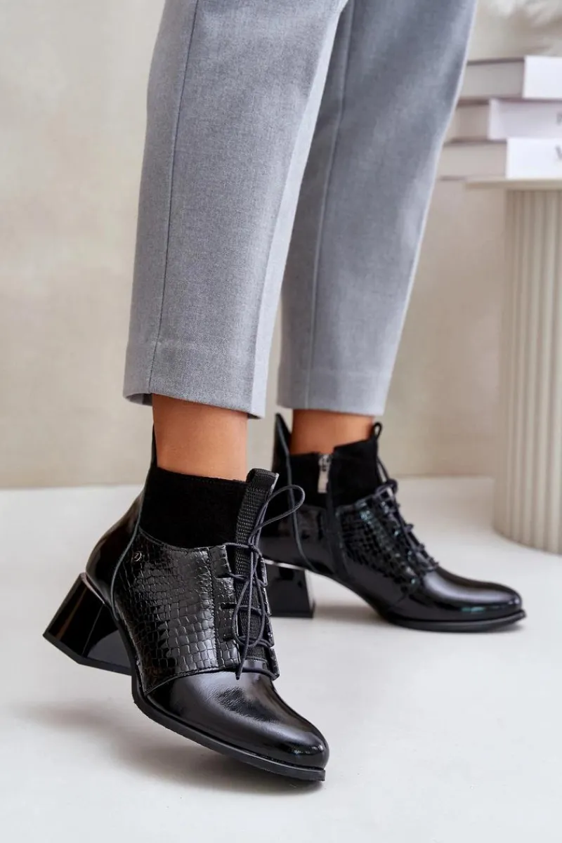 New 60503 Skórzane Botki Na Obcasie Ocieplane Czarne Damskie Botki Wiosenne|Botki Ocieplane