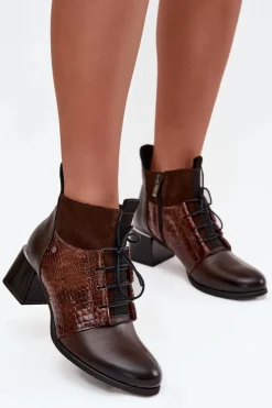 Hot Zazoo 60503 Skórzane Botki Na Obcasie Ocieplane Czekoladowe Brązowy