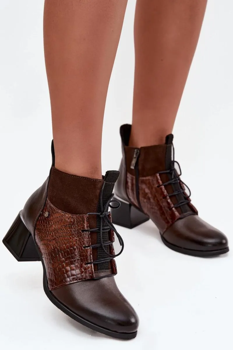 Hot Zazoo 60503 Skórzane Botki Na Obcasie Ocieplane Czekoladowe Brązowy