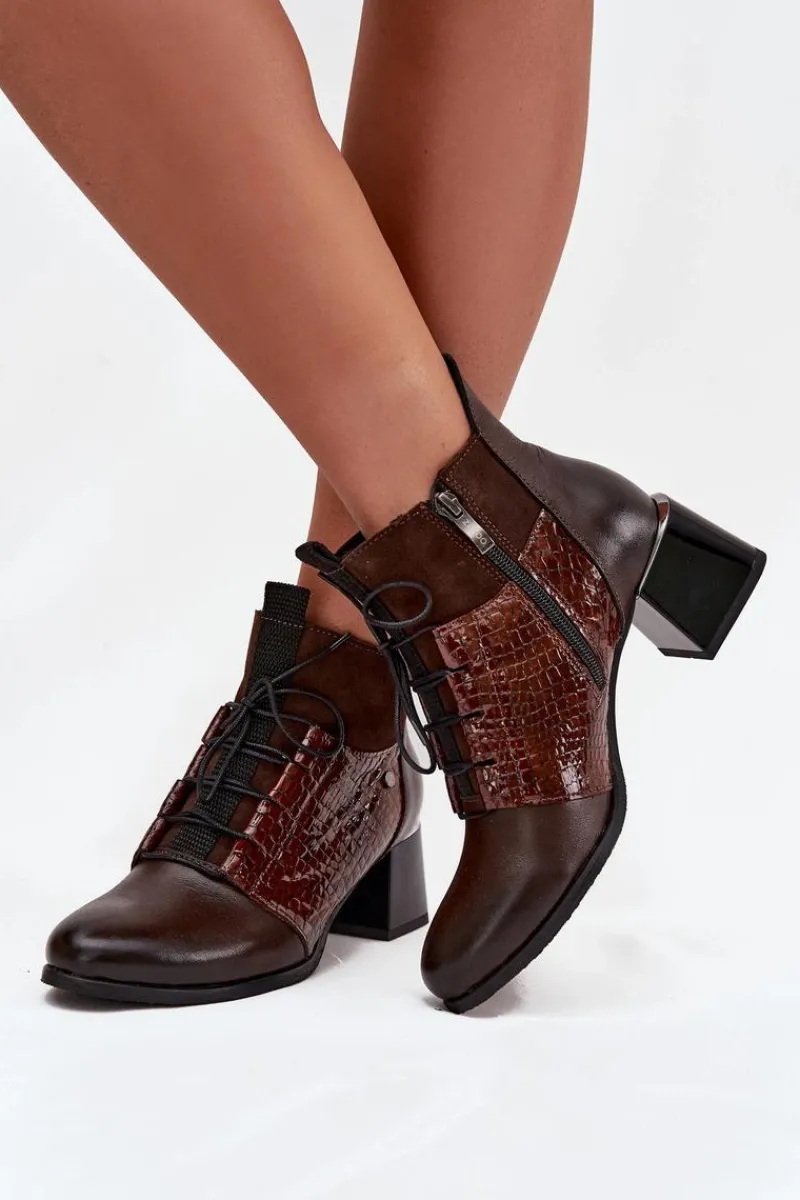 Hot Zazoo 60503 Skórzane Botki Na Obcasie Ocieplane Czekoladowe Brązowy