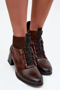 Hot Zazoo 60503 Skórzane Botki Na Obcasie Ocieplane Czekoladowe Brązowy