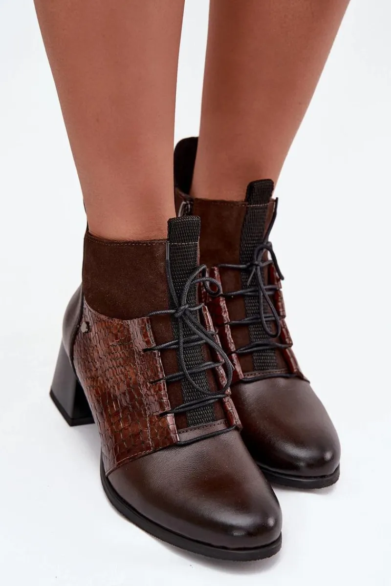 Hot Zazoo 60503 Skórzane Botki Na Obcasie Ocieplane Czekoladowe Brązowy