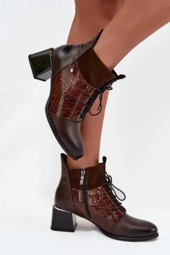 Hot Zazoo 60503 Skórzane Botki Na Obcasie Ocieplane Czekoladowe Brązowy