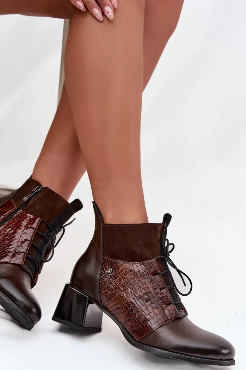 Hot Zazoo 60503 Skórzane Botki Na Obcasie Ocieplane Czekoladowe Brązowy