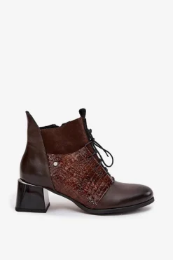 Hot Zazoo 60503 Skórzane Botki Na Obcasie Ocieplane Czekoladowe Brązowy