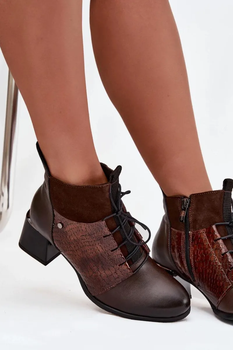 Hot Zazoo 60503 Skórzane Botki Na Obcasie Ocieplane Czekoladowe Brązowy