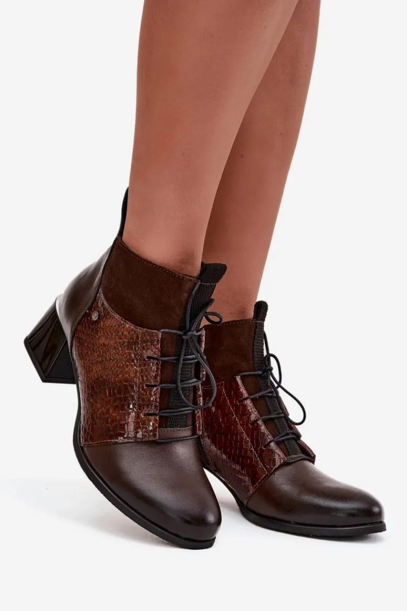 Hot Zazoo 60503 Skórzane Botki Na Obcasie Ocieplane Czekoladowe Brązowy