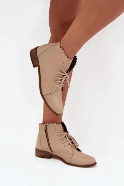 Botki Sznurowane|Botki Płaskie>Zazoo 2964 Skórzane Botki Na Płaskim Obcasie Beżowe Beżowy