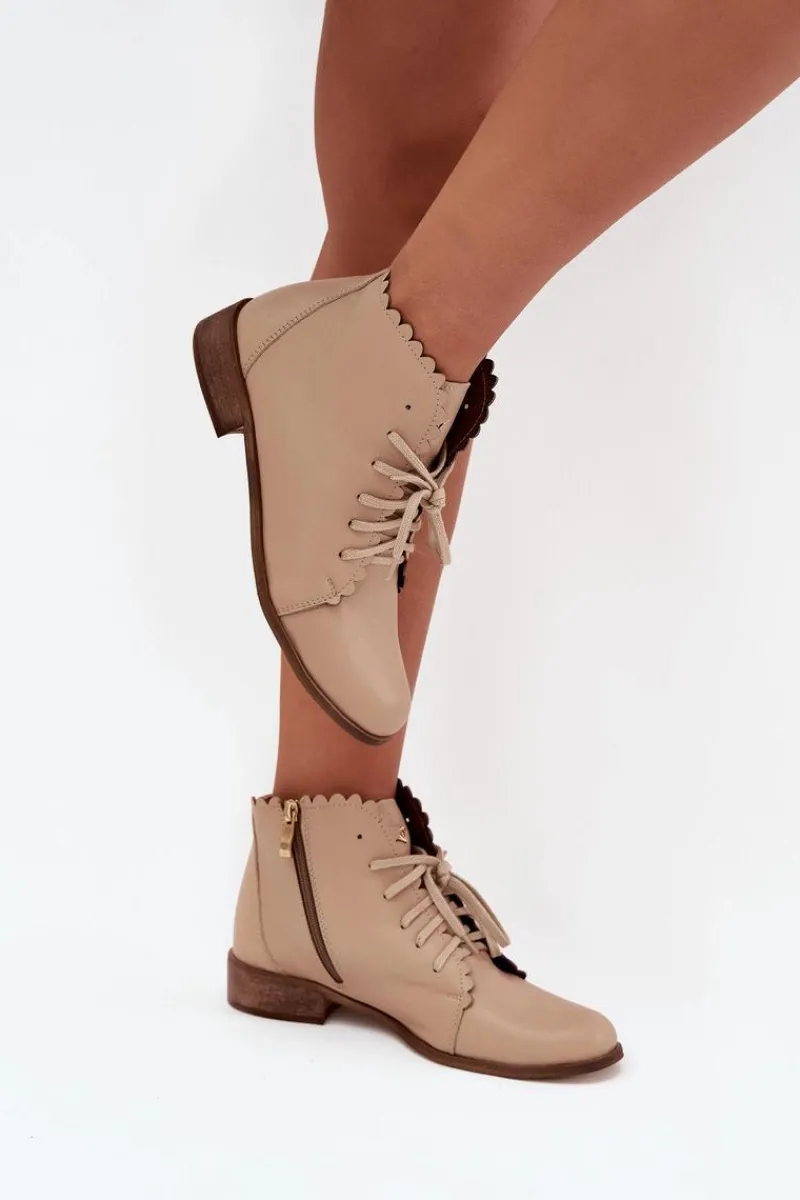 Botki Sznurowane|Botki Płaskie>Zazoo 2964 Skórzane Botki Na Płaskim Obcasie Beżowe Beżowy
