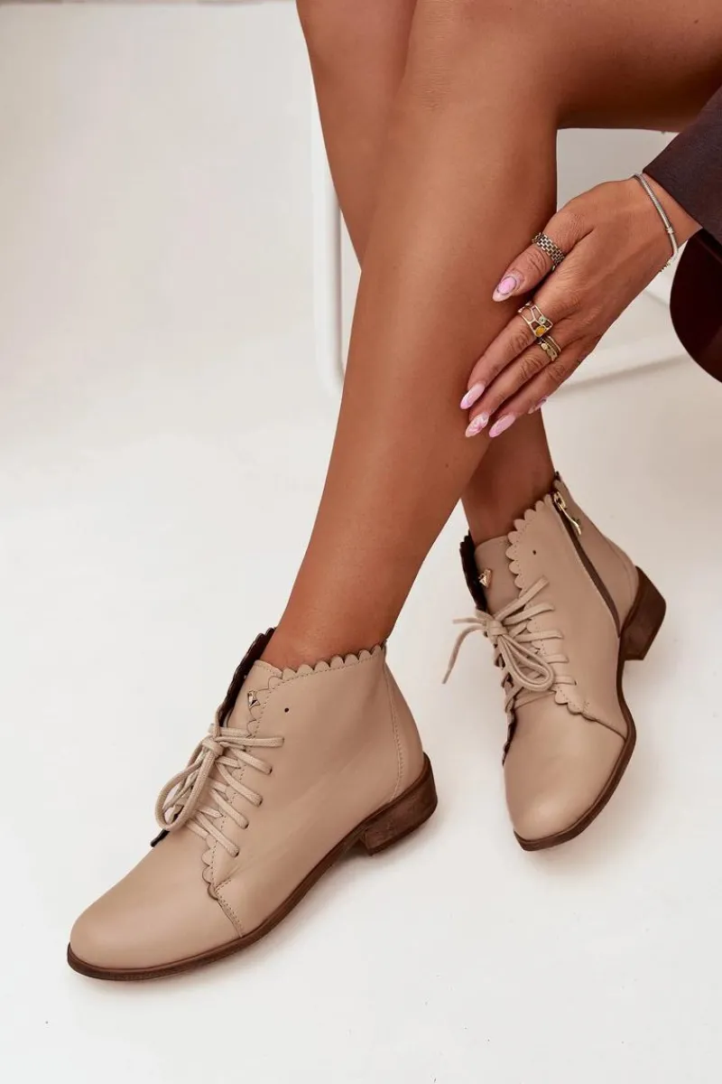 Botki Sznurowane|Botki Płaskie>Zazoo 2964 Skórzane Botki Na Płaskim Obcasie Beżowe Beżowy