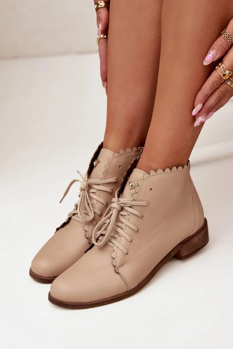 Botki Sznurowane|Botki Płaskie>Zazoo 2964 Skórzane Botki Na Płaskim Obcasie Beżowe Beżowy