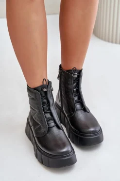 Botki Ocieplane|Botki Skórzane>Zazoo 60472 Skórzane Botki Na Platformie I Koturnie Czarne Czarny