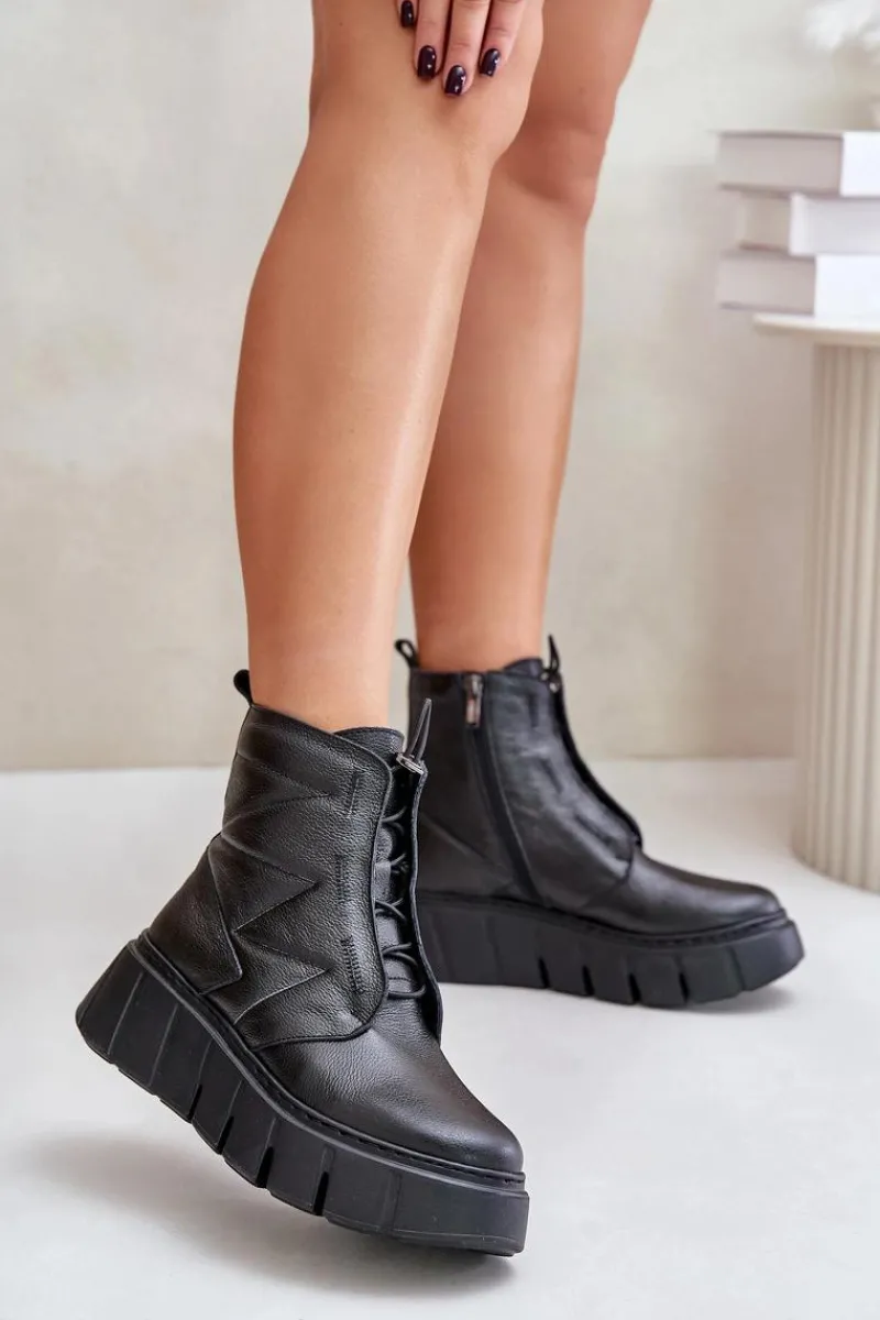 Botki Ocieplane|Botki Skórzane>Zazoo 60472 Skórzane Botki Na Platformie I Koturnie Czarne Czarny
