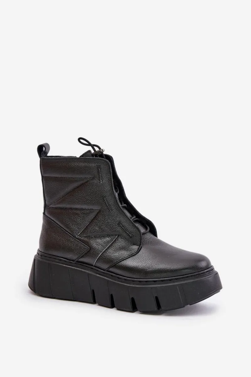 Botki Ocieplane|Botki Skórzane>Zazoo 60472 Skórzane Botki Na Platformie I Koturnie Czarne Czarny