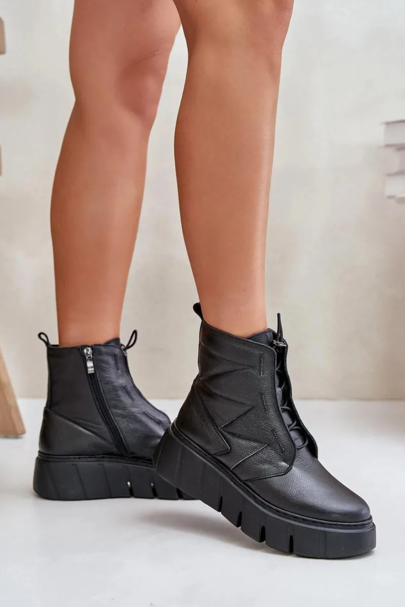 Botki Ocieplane|Botki Skórzane>Zazoo 60472 Skórzane Botki Na Platformie I Koturnie Czarne Czarny
