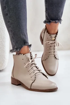 Botki Sznurowane|Botki Płaskie>Zazoo 2964 Skórzane Botki Na Płaskim Obcasie Beżowe